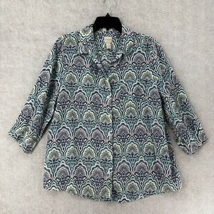 Chicos Shirt Womens 2 (LARGE) No-Iron 100% Linen Button-Up 3/4‎ Sleeve EUC